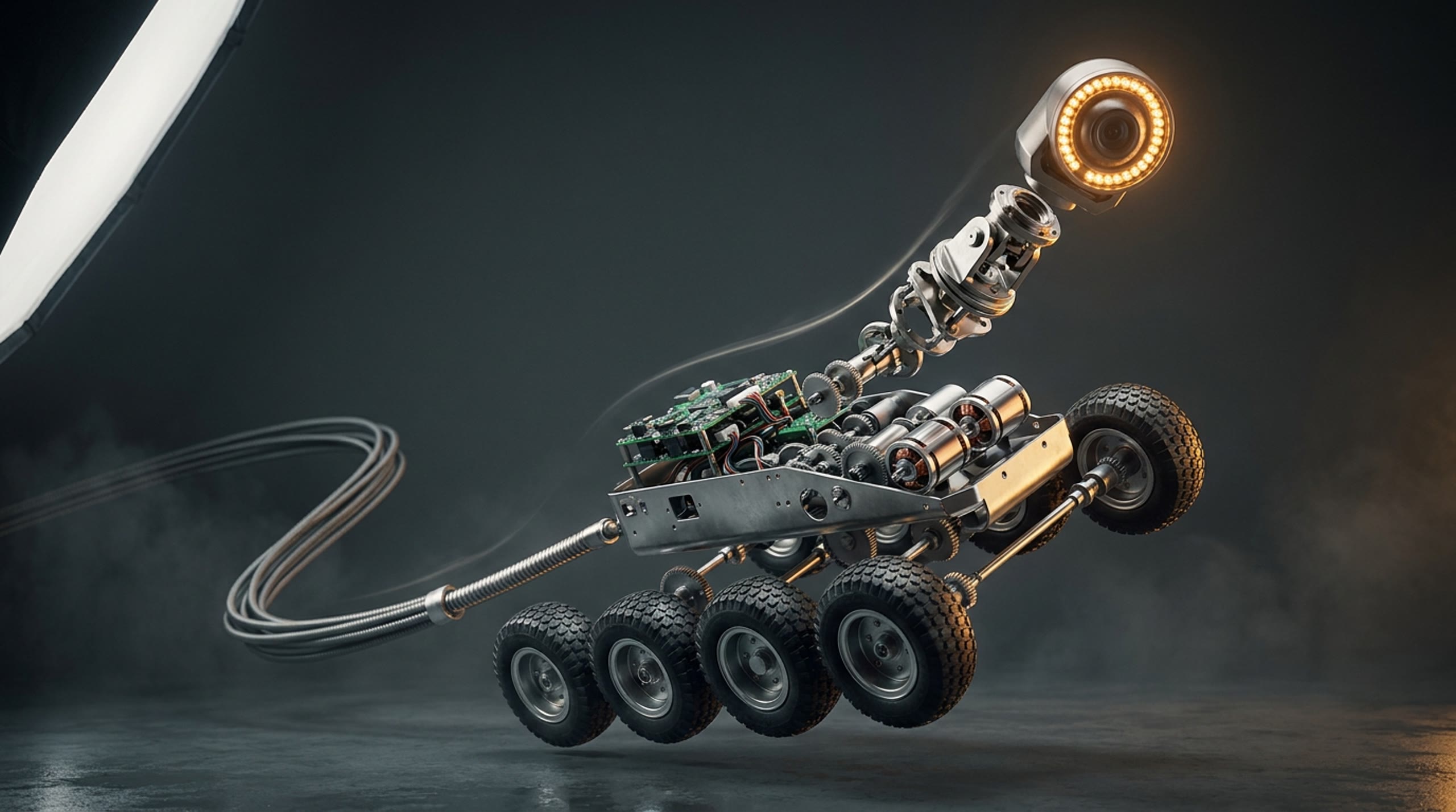 Exploded engineering view of the CCTV inspection crawler — camera head, chassis internals, drive wheels and tether